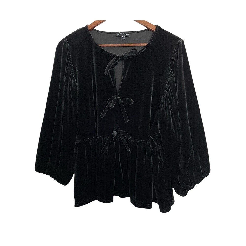 Black Velvet Peplum Blouse XL Bow Tie Front Balloon Sleeve Whimsygoth Romantic